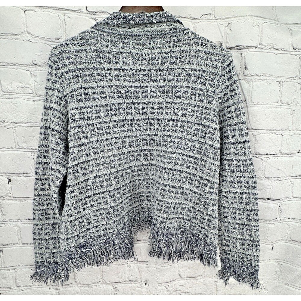 SIONI Cardigan Sweater Women's L Jacket Tweed Gray Fringe Open Front - Picture 2 of 8